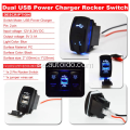 Dual USB Power Charger Rocker Switch Blue 12V-24V